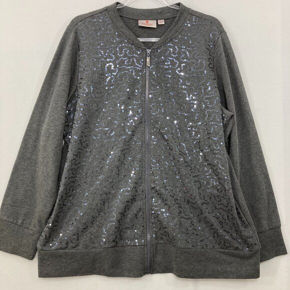 Quacker Factory Large Gray Sequins Full Zip Stretch Long Sleeve Jacket Festival - Picture 1 of 10